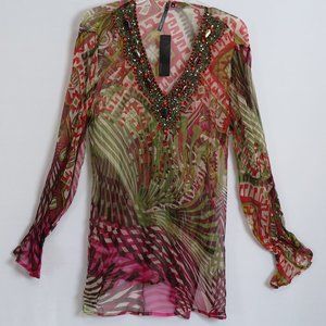 NWT Kay Celine Multi-Color Beaded Viscose Semi-Sheer Peasant Blouse Size M